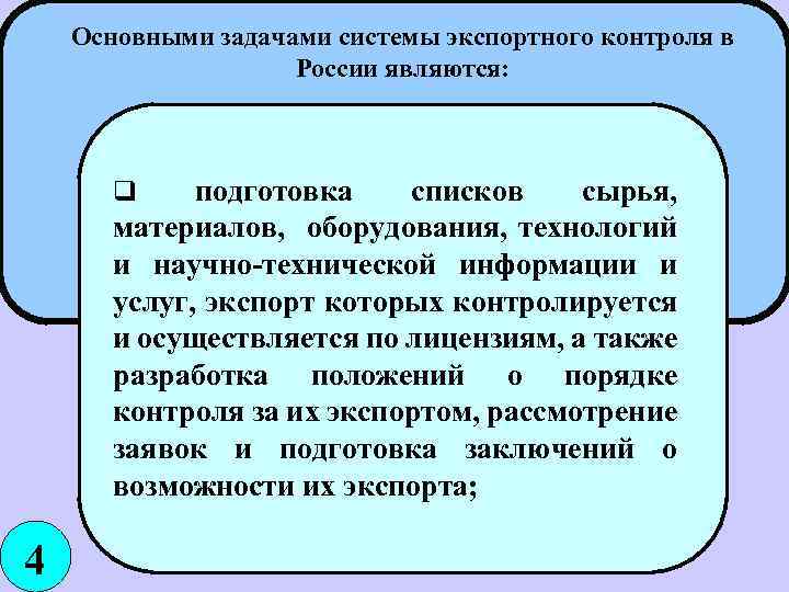 Основными задачами системы экспортного контроля в России являются: подготовка списков сырья, материалов, оборудования, технологий
