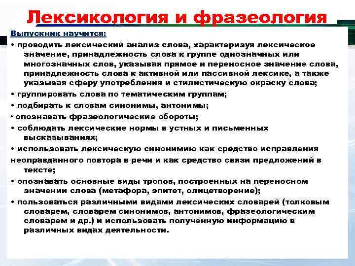 Лексикология и фразеология Выпускник научится: • проводить лексический анализ слова, характеризуя лексическое значение, принадлежность