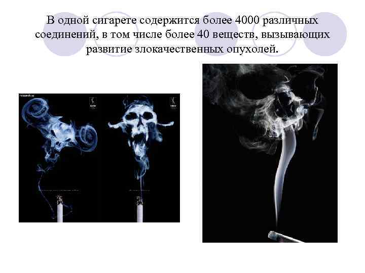 В одной сигарете содержится более 4000 различных соединений, в том числе более 40 веществ,