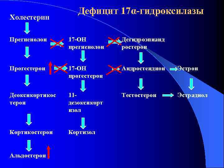 Холестерин Дефицит 17α-гидроксилазы Прегненолон 17 -ОН прегненолон Дегидроэпианд ростерон Прогестерон 17 -ОН прогестерон Андростендион