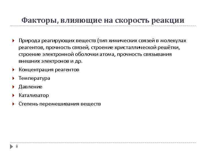 Факторы, влияющие на скорость реакции Природа реагирующих веществ (тип химических связей в молекулах реагентов,