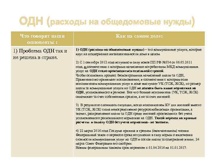ОДН (расходы на общедомовые нужды) Что говорят наши оппоненты : 1) Проблема ОДН так