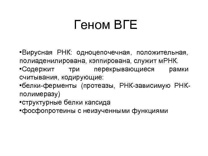 Геном ВГЕ • Вирусная РНК: одноцепочечная, положительная, полиаденилирована, кэппирована, служит м. РНК. • Содержит