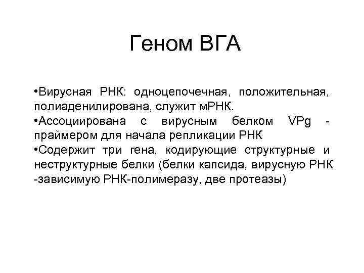 Геном ВГА • Вирусная РНК: одноцепочечная, положительная, полиаденилирована, служит м. РНК. • Ассоциирована с