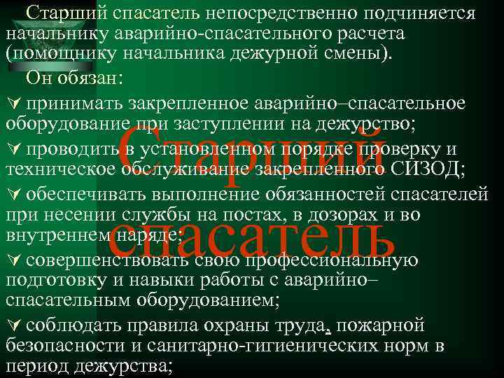 Старший спасатель непосредственно подчиняется начальнику аварийно-спасательного расчета (помощнику начальника дежурной смены). Он обязан: Ú