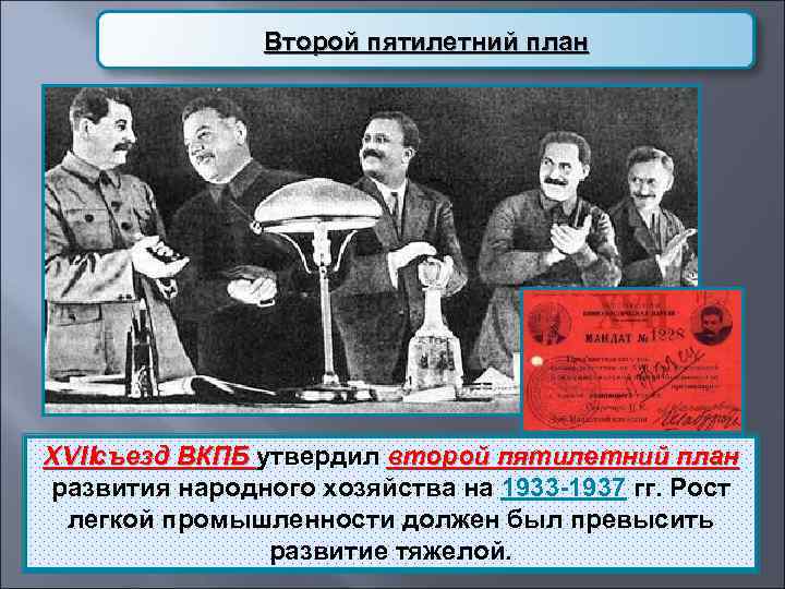 Второй пятилетний план XVIIсъезд ВКПБ утвердил второй пятилетний план съезд ВКПБ развития народного хозяйства