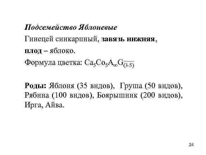 Подсемейство Яблоневые Гинецей синкарпный, завязь нижняя, плод – яблоко. Формула цветка: Ca 5 Co
