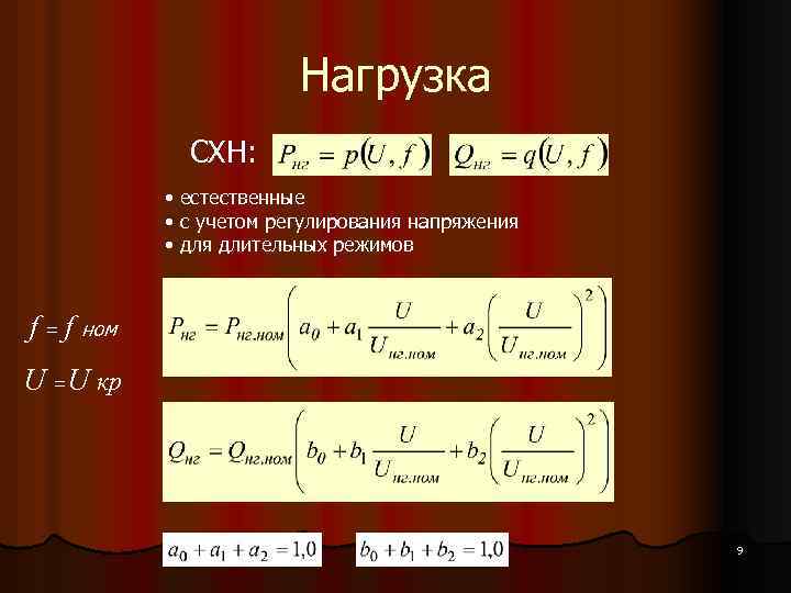 Нагрузка СХН: • естественные • с учетом регулирования напряжения • для длительных режимов f