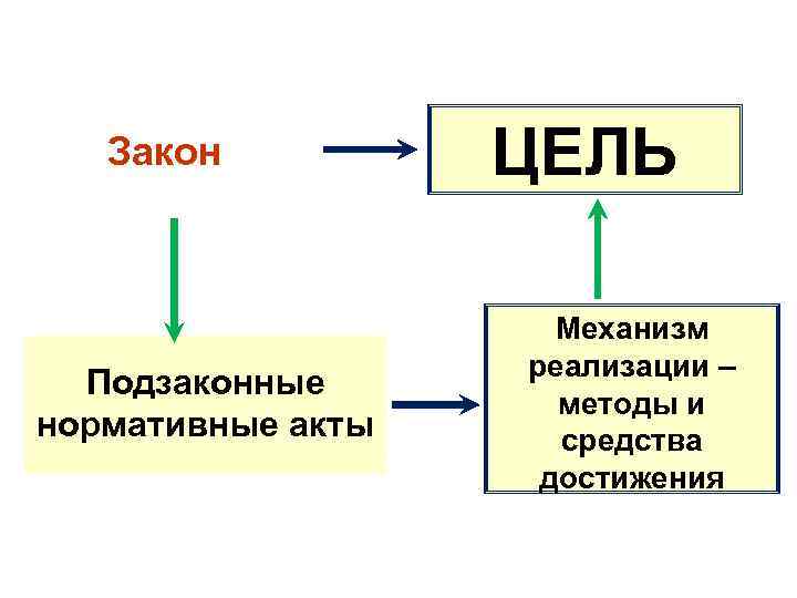 Закон Подзаконные нормативные акты ЦЕЛЬ Механизм реализации – методы и средства достижения 