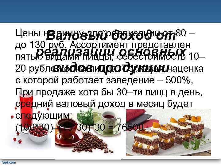 Цены на пиццу для реализации от 80 – Валовый доход от до 130 руб.
