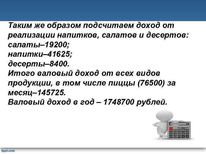 Таким же образом подсчитаем доход от реализации напитков, салатов и десертов: салаты– 19200; напитки–