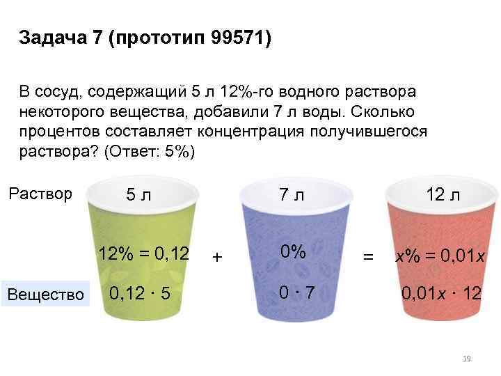 Задача 7 (прототип 99571) 7 В сосуд, содержащий 5 л 12%-го водного раствора некоторого
