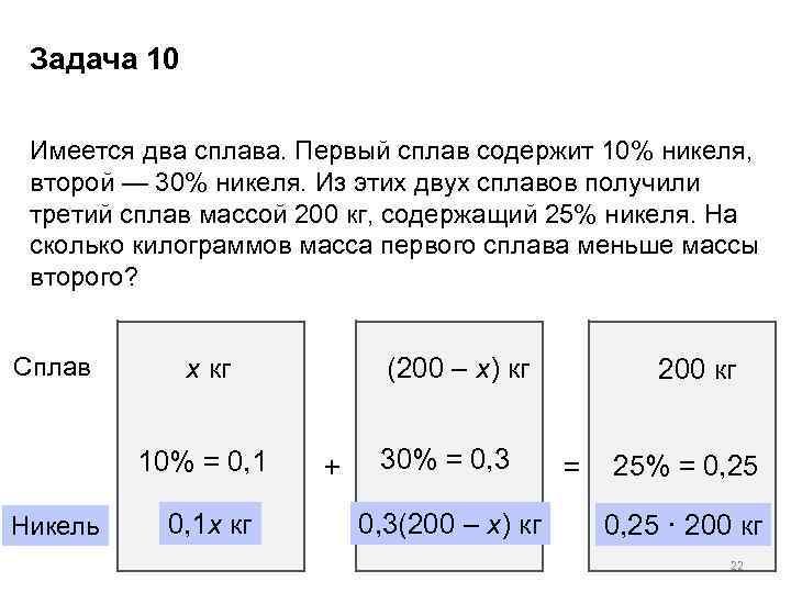 Задача 10 Имеется два сплава. Первый сплав содержит 10% никеля, второй — 30% никеля.