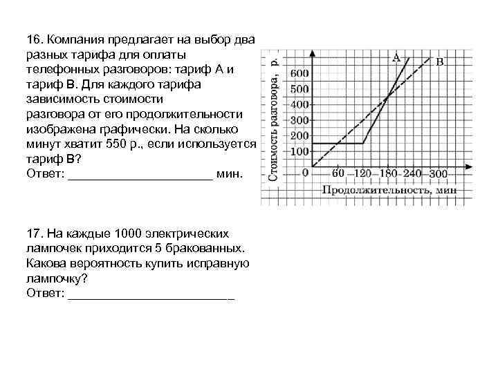 16. Компания предлагает на выбор два разных тарифа для оплаты телефонных разговоров: тариф А