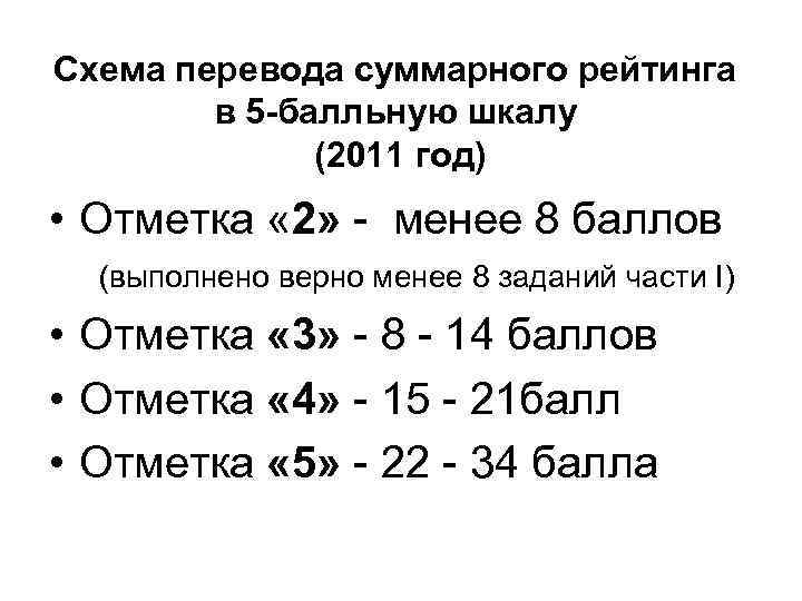 Схема перевода суммарного рейтинга в 5 -балльную шкалу (2011 год) • Отметка « 2»