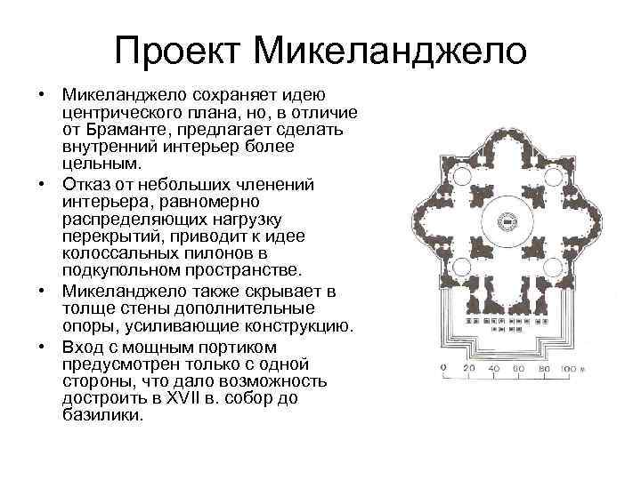 Проект Микеланджело • Микеланджело сохраняет идею центрического плана, но, в отличие от Браманте, предлагает