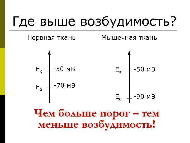 Где выше возбудимость? Нервная ткань Ек -50 м. В Ео Мышечная ткань -70 м.