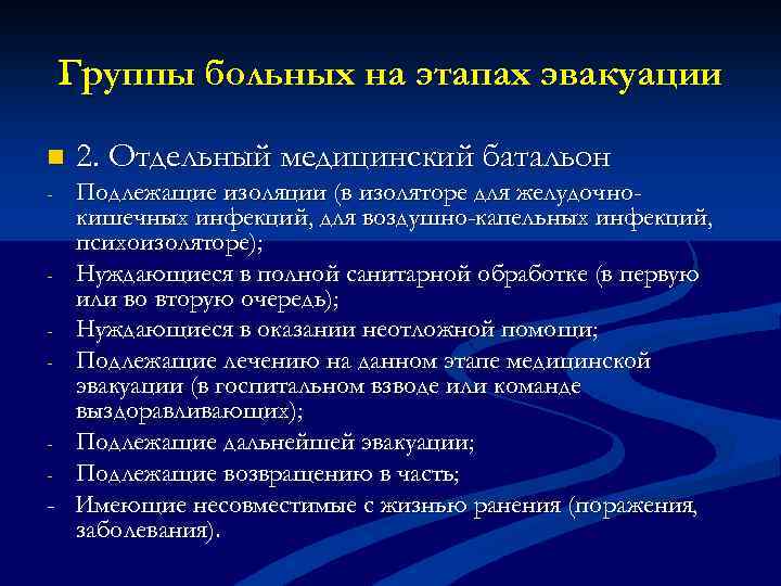 Группы больных на этапах эвакуации n 2. Отдельный медицинский батальон Подлежащие изоляции (в изоляторе