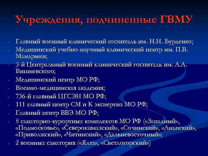 Учреждения, подчиненные ГВМУ - - Главный военный клинический госпиталь им. Н. Н. Бурденко; Медицинский