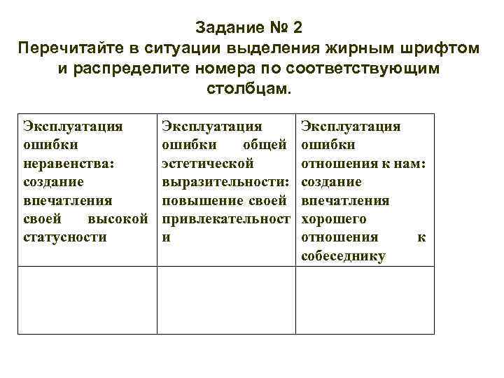 Задание № 2 Перечитайте в ситуации выделения жирным шрифтом и распределите номера по соответствующим