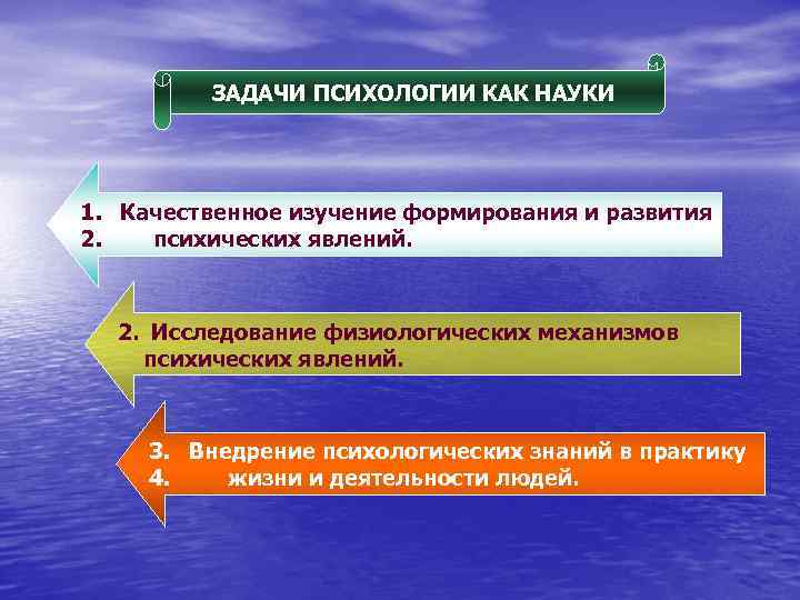 ЗАДАЧИ ПСИХОЛОГИИ КАК НАУКИ 1. Качественное изучение формирования и развития 2. психических явлений. 2.