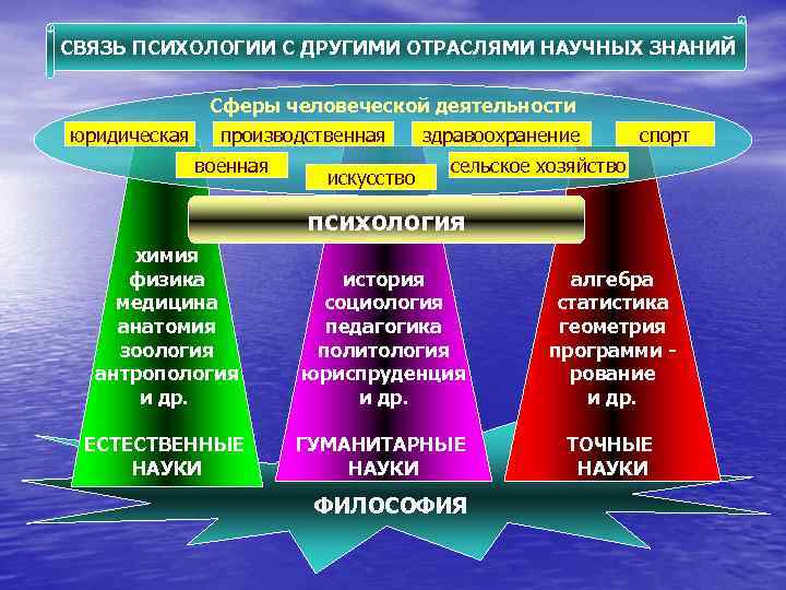 СВЯЗЬ ПСИХОЛОГИИ С ДРУГИМИ ОТРАСЛЯМИ НАУЧНЫХ ЗНАНИЙ юридическая Сферы человеческой деятельности производственная здравоохранение военная