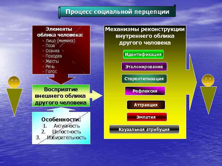 Процесс социальной перцепции Элементы облика человека: - Лицо (мимика) Поза Осанка Походка Жесты Речь