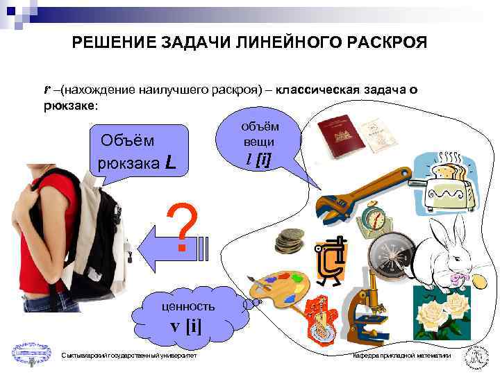 РЕШЕНИЕ ЗАДАЧИ ЛИНЕЙНОГО РАСКРОЯ r –(нахождение наилучшего раскроя) – классическая задача о рюкзаке: Объём