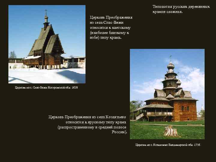 Типология русских деревянных храмов сложная. Церковь Преображения из села Спас-Вежи относится к клетскому (наиболее