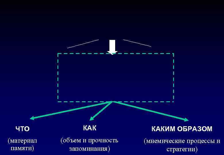 ЧТО КАКИМ ОБРАЗОМ (материал памяти) (объем и прочность запоминания) (мнемические процессы и стратегии) 