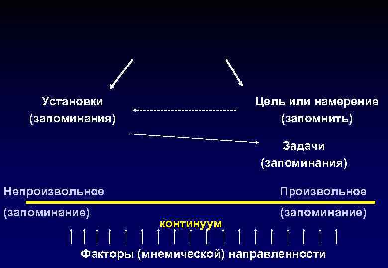 Установки (запоминания) Цель или намерение (запомнить) Задачи (запоминания) Непроизвольное Произвольное (запоминание) континуум Факторы (мнемической)