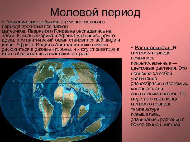 Меловой период • Геологические события: в течение мелового периода продолжался раскол материков. Лавразия и