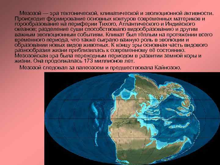 Мезозой — эра тектонической, климатической и эволюционной активности. Происходит формирование основных контуров современных материков