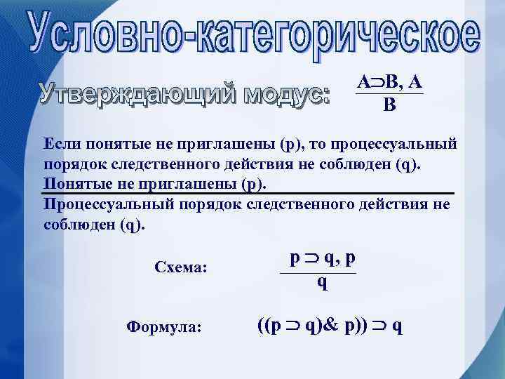 А В, А В Если понятые не приглашены (p), то процессуальный порядок следственного действия