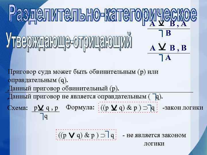А В, В А Приговор суда может быть обвинительным (p) или оправдательным (q). Данный