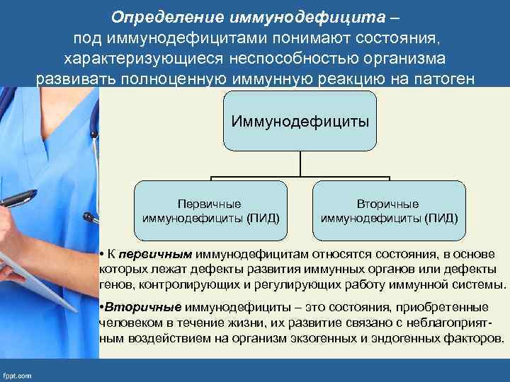 Определение иммунодефицита – под иммунодефицитами понимают состояния, характеризующиеся неспособностью организма развивать полноценную иммунную реакцию