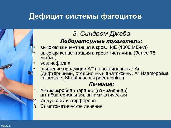 Дефицит системы фагоцитов 3. Синдром Джоба Лабораторные показатели: • • высокая концентрация в крови