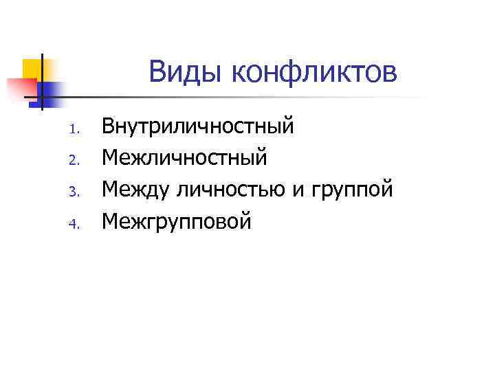 Виды конфликтов 1. 2. 3. 4. Внутриличностный Между личностью и группой Межгрупповой 