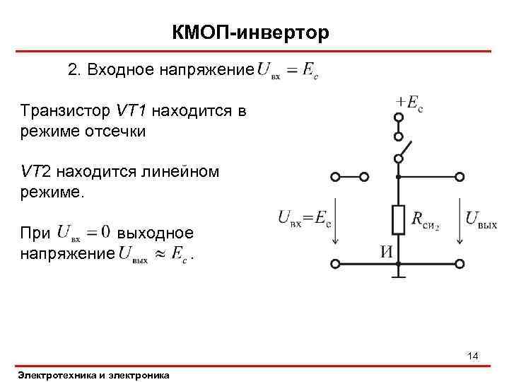 КМОП-инвертор 2. Входное напряжение Транзистор VT 1 находится в режиме отсечки VT 2 находится