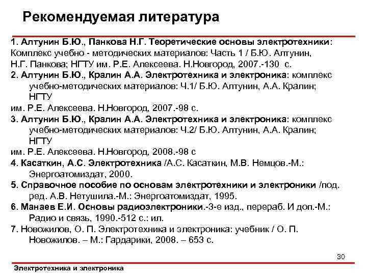 Рекомендуемая литература 1. Алтунин Б. Ю. , Панкова Н. Г. Теоретические основы электротехники: Комплекс
