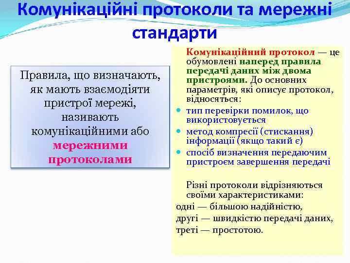 Комунікаційні протоколи та мережні стандарти Правила, що визначають, як мають взаємодіяти пристрої мережі, називають