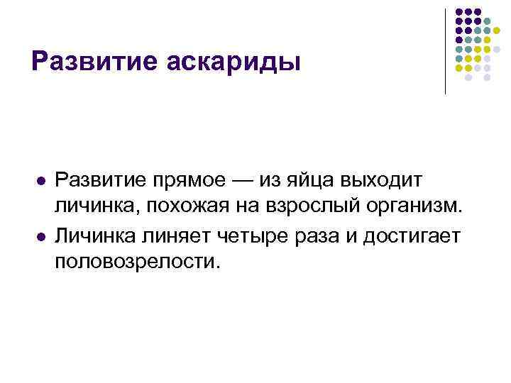 Развитие аскариды l l Развитие прямое — из яйца выходит личинка, похожая на взрослый