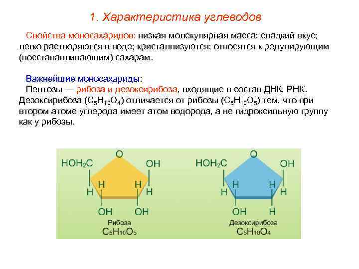 1. Характеристика углеводов Свойства моносахаридов: низкая молекулярная масса; сладкий вкус; легко растворяются в воде;