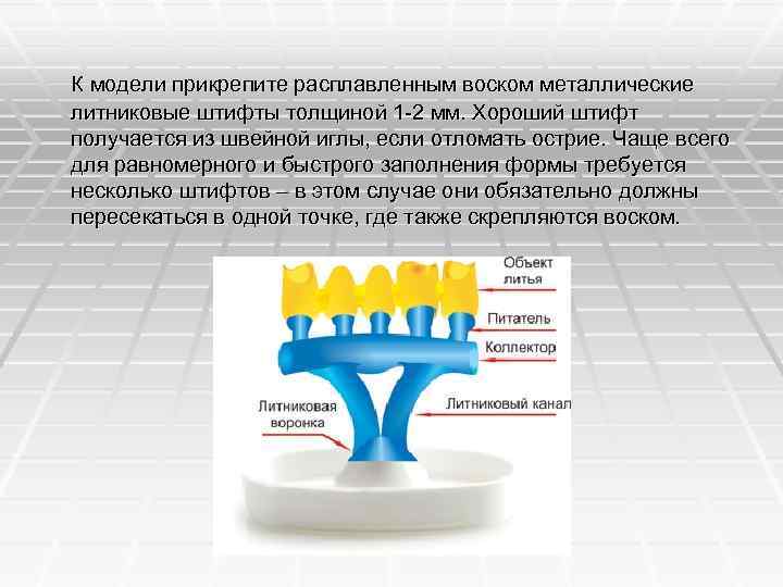 К модели прикрепите расплавленным воском металлические литниковые штифты толщиной 1 -2 мм. Хороший штифт