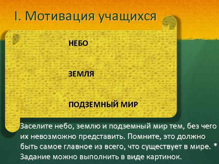 I. Мотивация учащихся НЕБО ЗЕМЛЯ ПОДЗЕМНЫЙ МИР Заселите небо, землю и подземный мир тем,