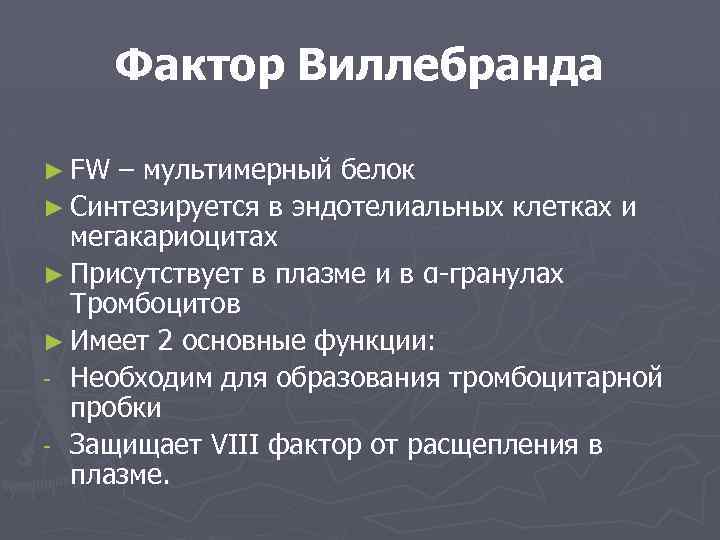 Фактор Виллебранда ► FW – мультимерный белок ► Синтезируется в эндотелиальных клетках и мегакариоцитах