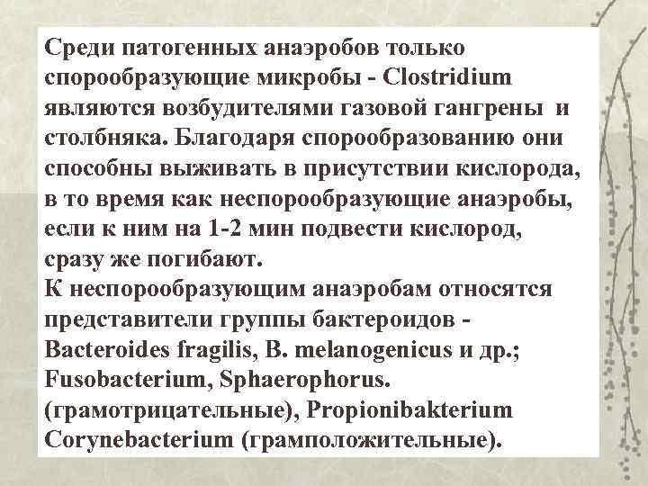 Среди патогенных анаэробов только спорообразующие микробы - Clostridium являются возбудителями газовой гангрены и столбняка.