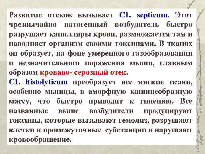 Развитие отеков вызывает С 1. septicum. Этот чрезвычайно патогенный возбудитель быстро разрушает капилляры крови,