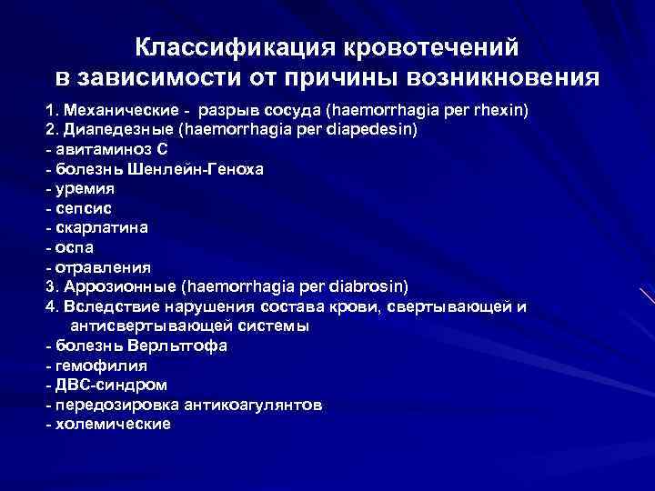Классификация кровотечений в зависимости от причины возникновения 1. Механические - разрыв сосуда (haemorrhagia per