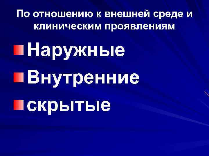 По отношению к внешней среде и клиническим проявлениям Наружные Внутренние скрытые 